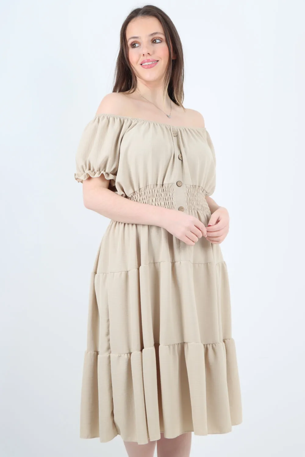 Italian Off The Shoulder Elasticated Waist Tiered Midi Dress