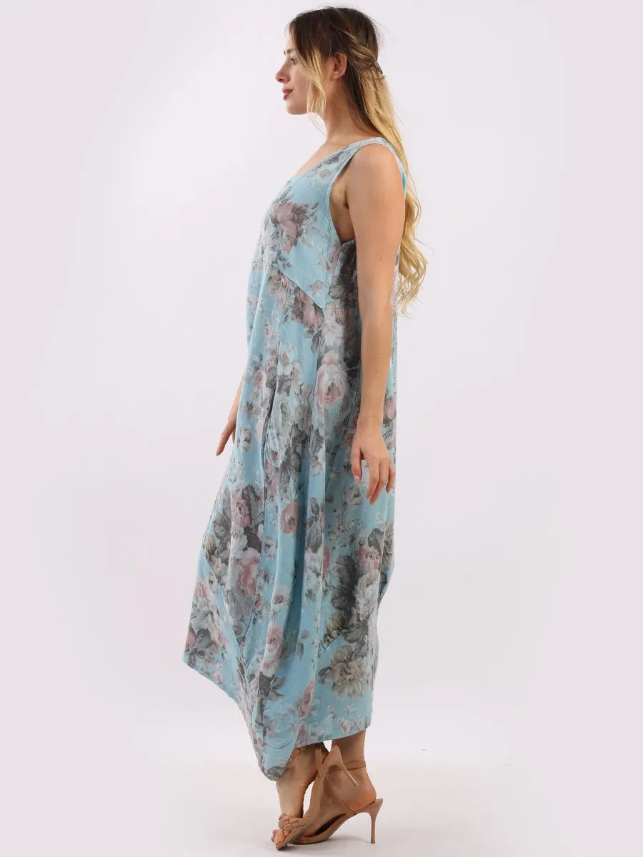 Italian Square Neck Soft Floral Azure Linen Dress Sz 10-16