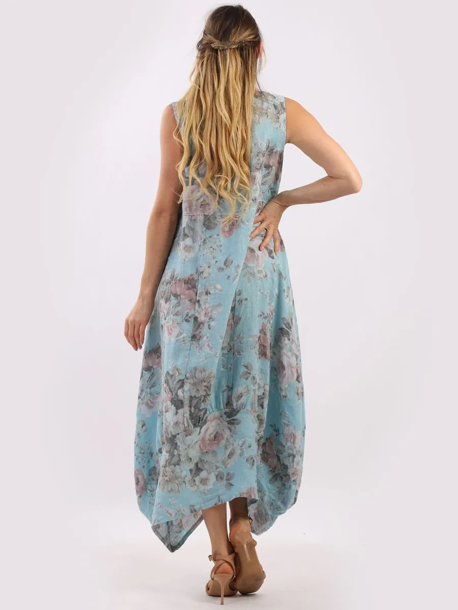Italian Square Neck Soft Floral Azure Linen Dress Sz 10-16
