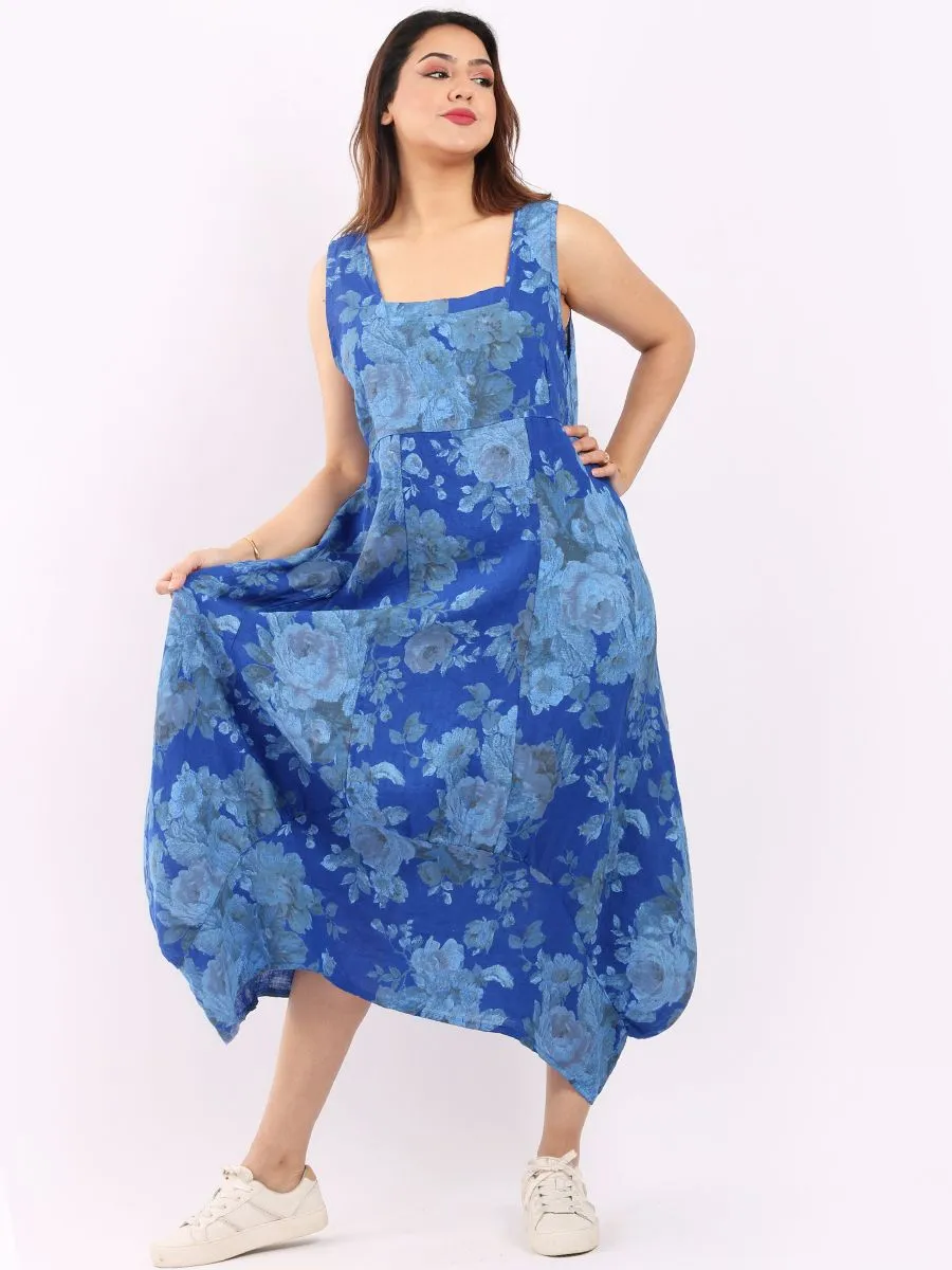 Italian Square Neck Soft Floral Royal Blue Linen Dress Sz 10-16