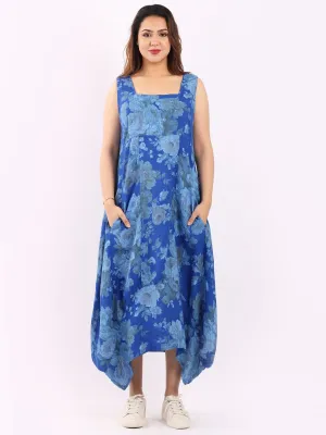 Italian Square Neck Soft Floral Royal Blue Linen Dress Sz 10-16