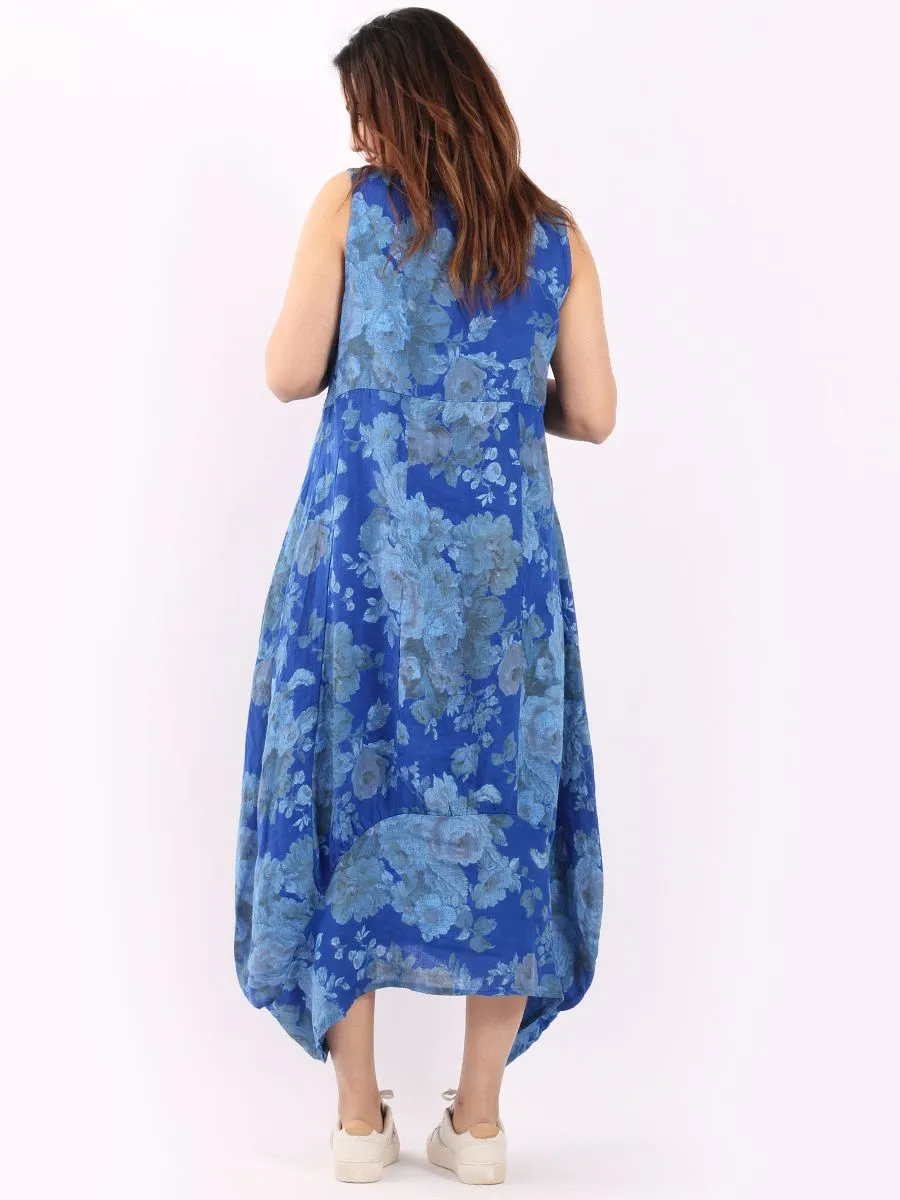 Italian Square Neck Soft Floral Royal Blue Linen Dress Sz 10-16