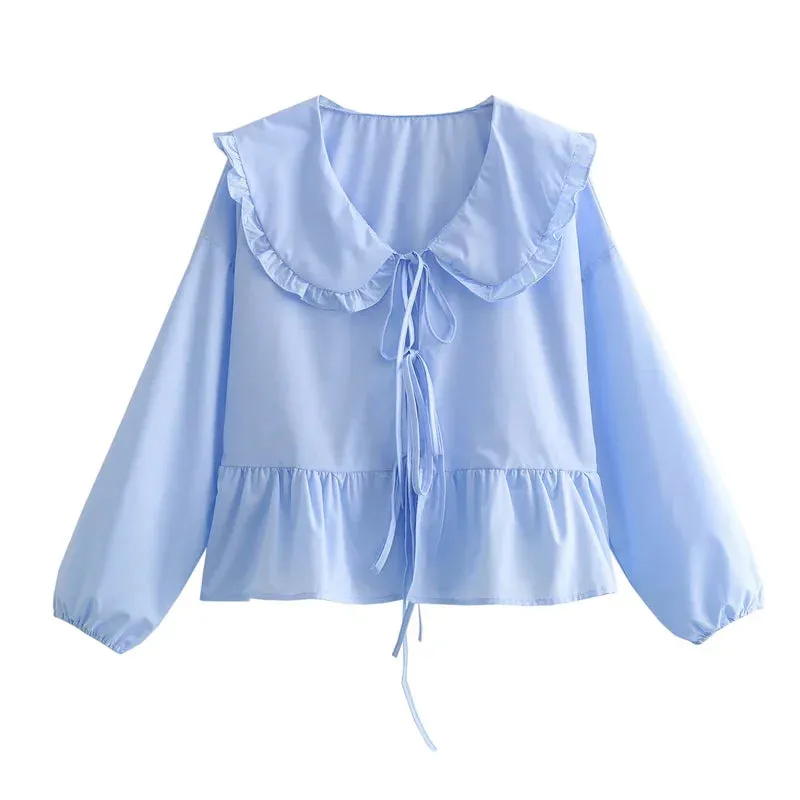 JazzHer 2024 Elegant Women Blouse Long Sleeve White Woman Blouse Pleated Tied Blue Crop Top Spring Ruffle Collar Women's Blouses