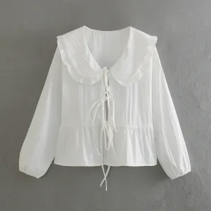 JazzHer 2024 Elegant Women Blouse Long Sleeve White Woman Blouse Pleated Tied Blue Crop Top Spring Ruffle Collar Women's Blouses