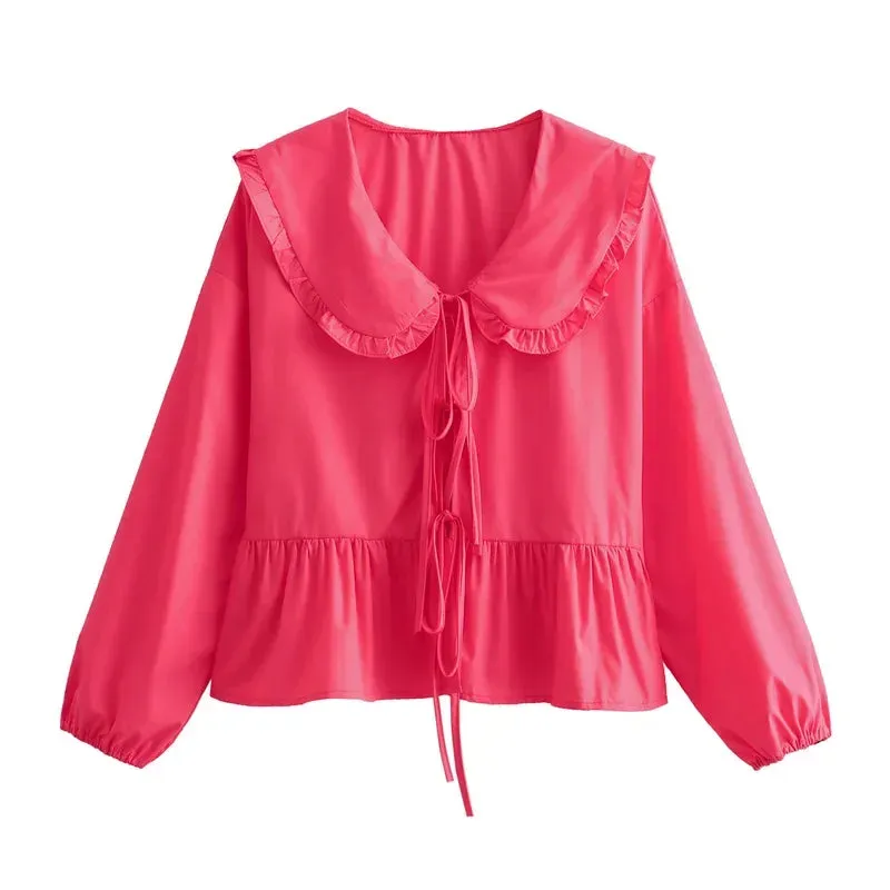 JazzHer 2024 Elegant Women Blouse Long Sleeve White Woman Blouse Pleated Tied Blue Crop Top Spring Ruffle Collar Women's Blouses