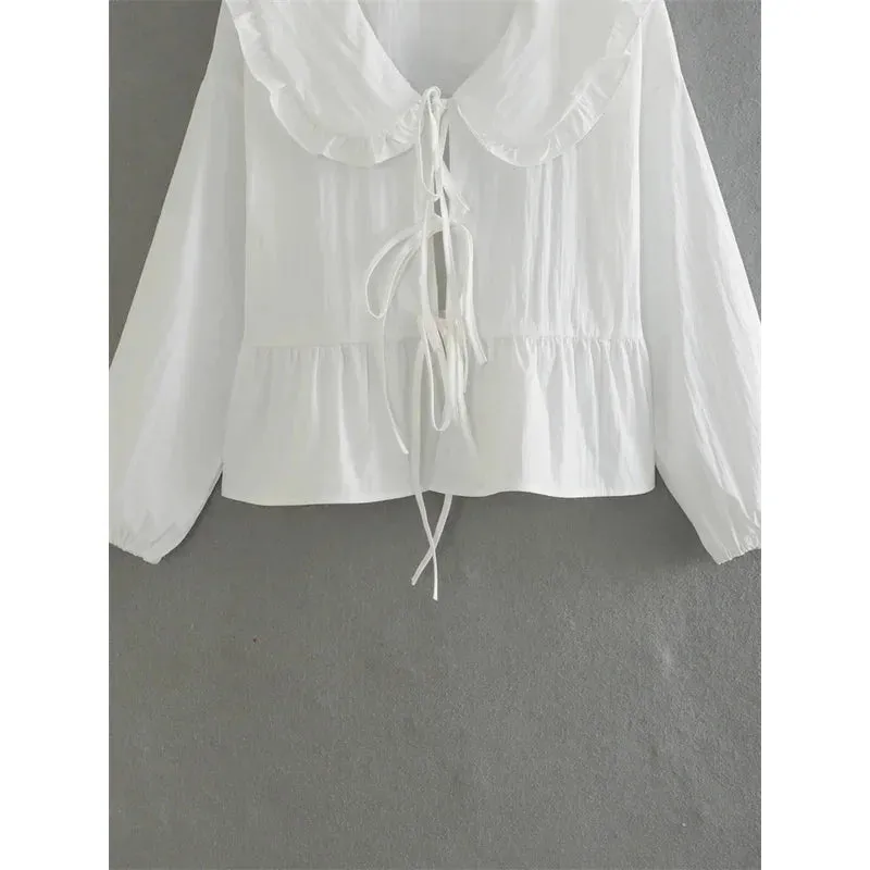 JazzHer 2024 Elegant Women Blouse Long Sleeve White Woman Blouse Pleated Tied Blue Crop Top Spring Ruffle Collar Women's Blouses