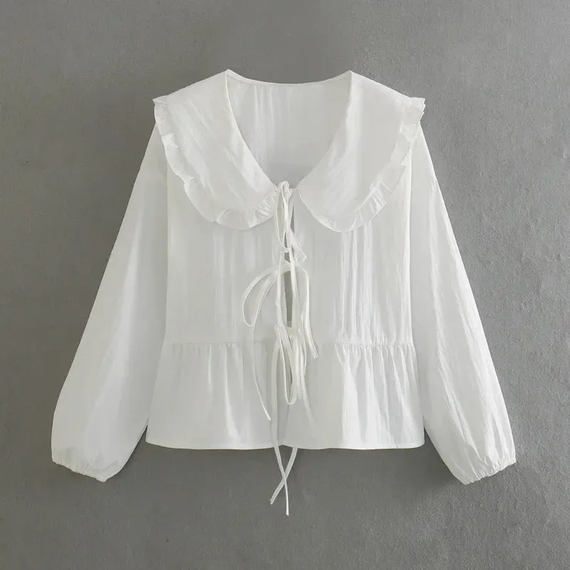 JazzHer 2024 Elegant Women Blouse Long Sleeve White Woman Blouse Pleated Tied Blue Crop Top Spring Ruffle Collar Women's Blouses