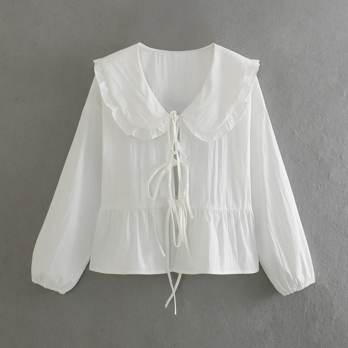 JazzHer 2024 Elegant Women Blouse Long Sleeve White Woman Blouse Pleated Tied Blue Crop Top Spring Ruffle Collar Women's Blouses