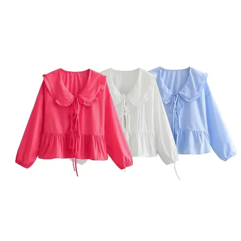 JazzHer 2024 Elegant Women Blouse Long Sleeve White Woman Blouse Pleated Tied Blue Crop Top Spring Ruffle Collar Women's Blouses