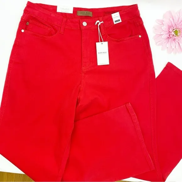 Judy Blue 90’s High Rise Straight Leg Garment Dyed Jeans Red