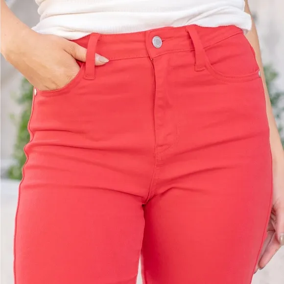 Judy Blue 90’s High Rise Straight Leg Garment Dyed Jeans Red