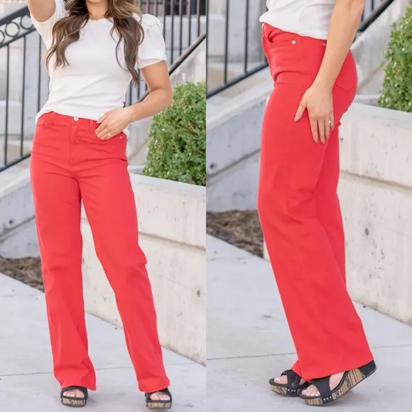 Judy Blue 90’s High Rise Straight Leg Garment Dyed Jeans Red