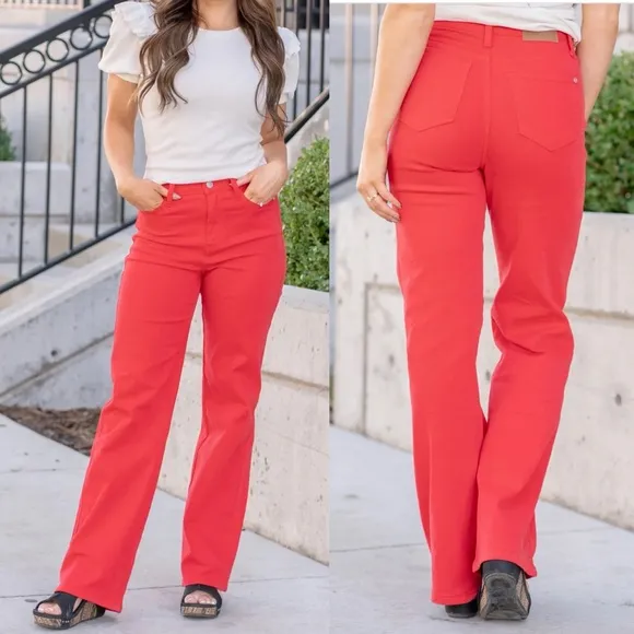 Judy Blue 90’s High Rise Straight Leg Garment Dyed Jeans Red