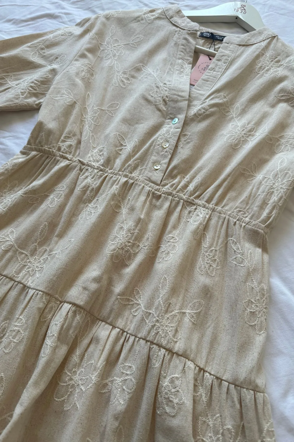 KAIA Tiered Embroidered Linen Midi Dress (Oat)