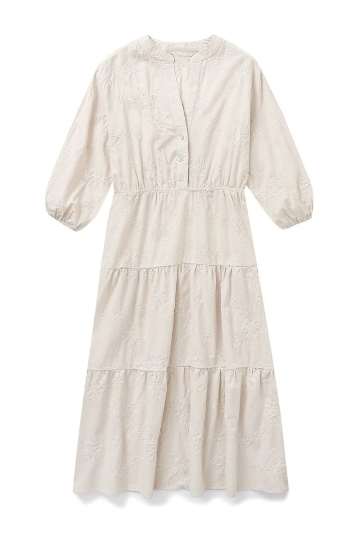 KAIA Tiered Embroidered Linen Midi Dress (Oat)