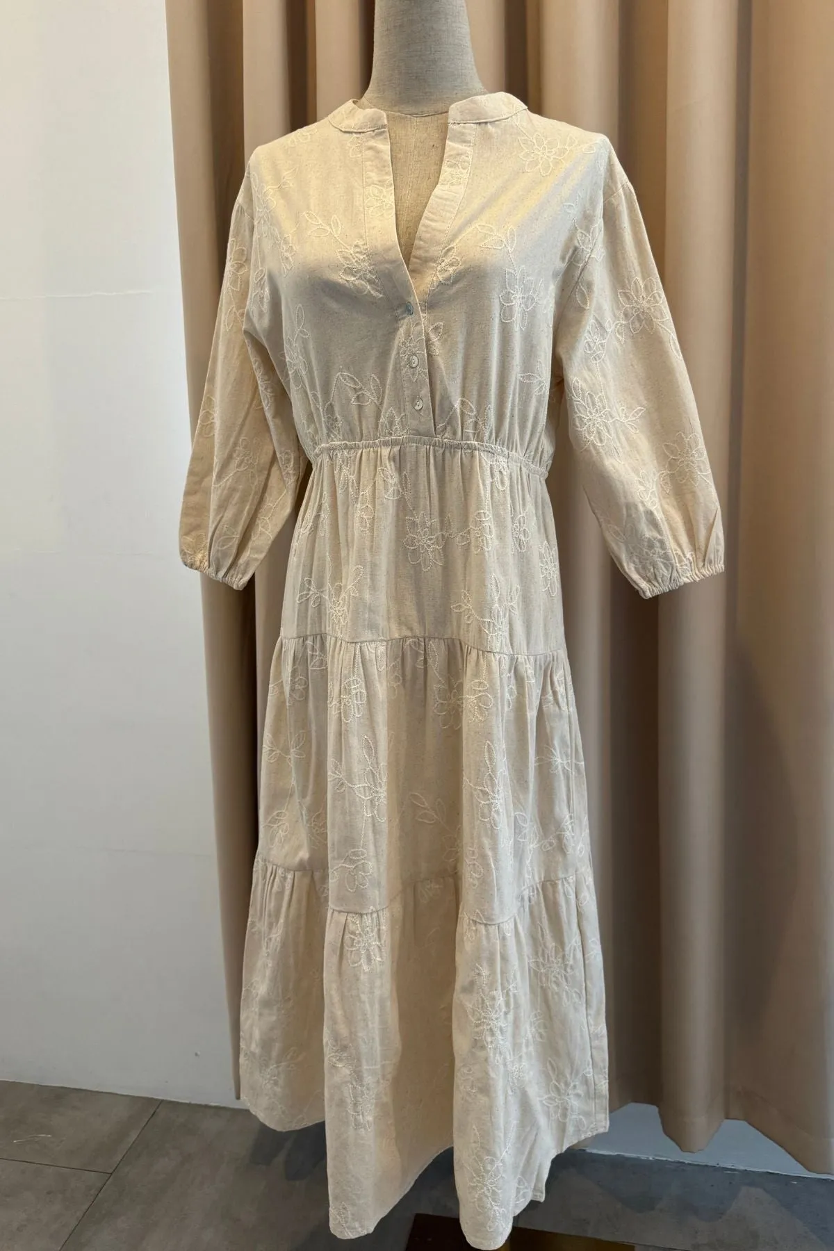 KAIA Tiered Embroidered Linen Midi Dress (Oat)