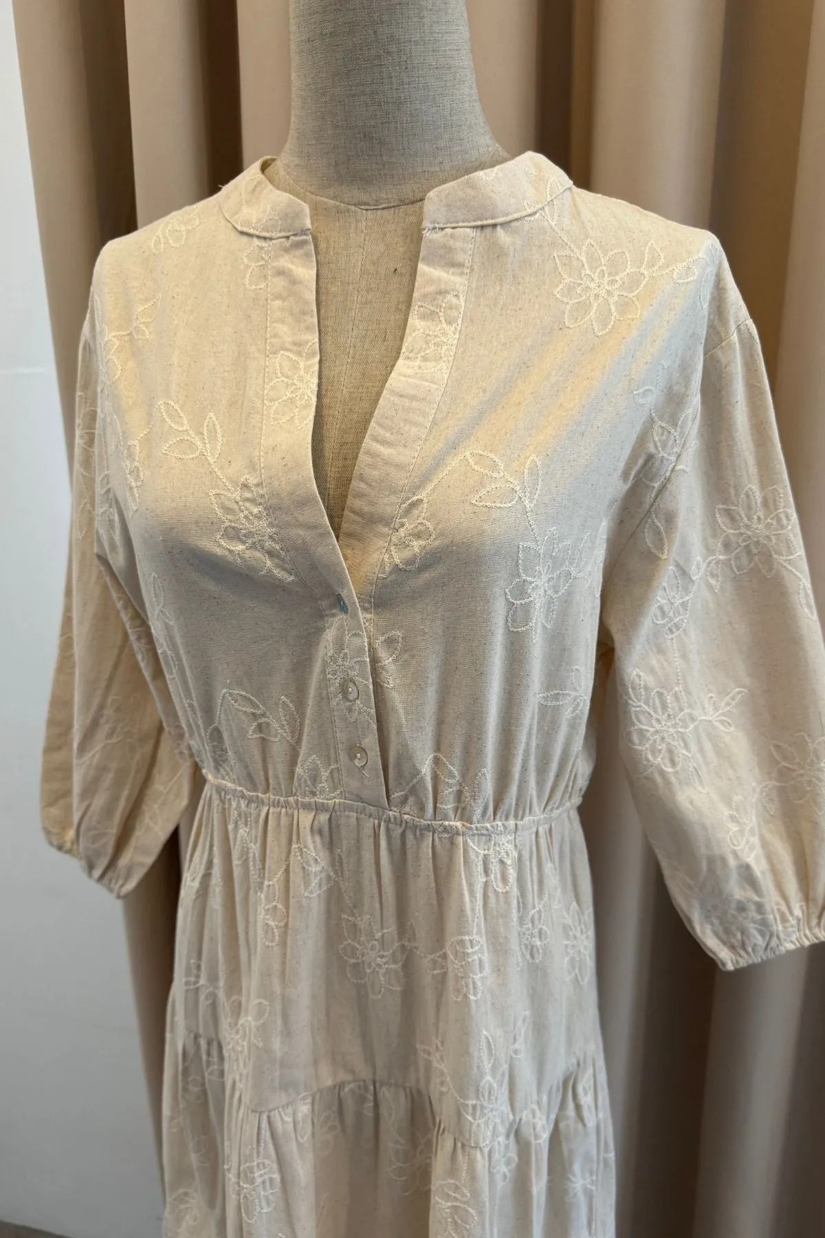 KAIA Tiered Embroidered Linen Midi Dress (Oat)