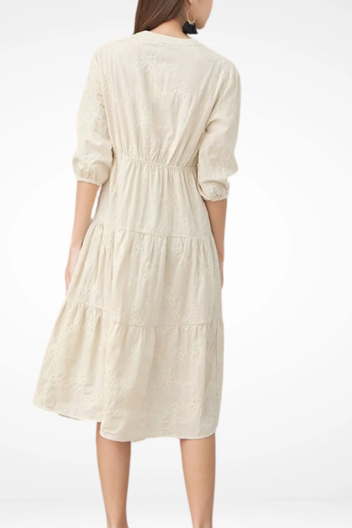 KAIA Tiered Embroidered Linen Midi Dress (Oat)