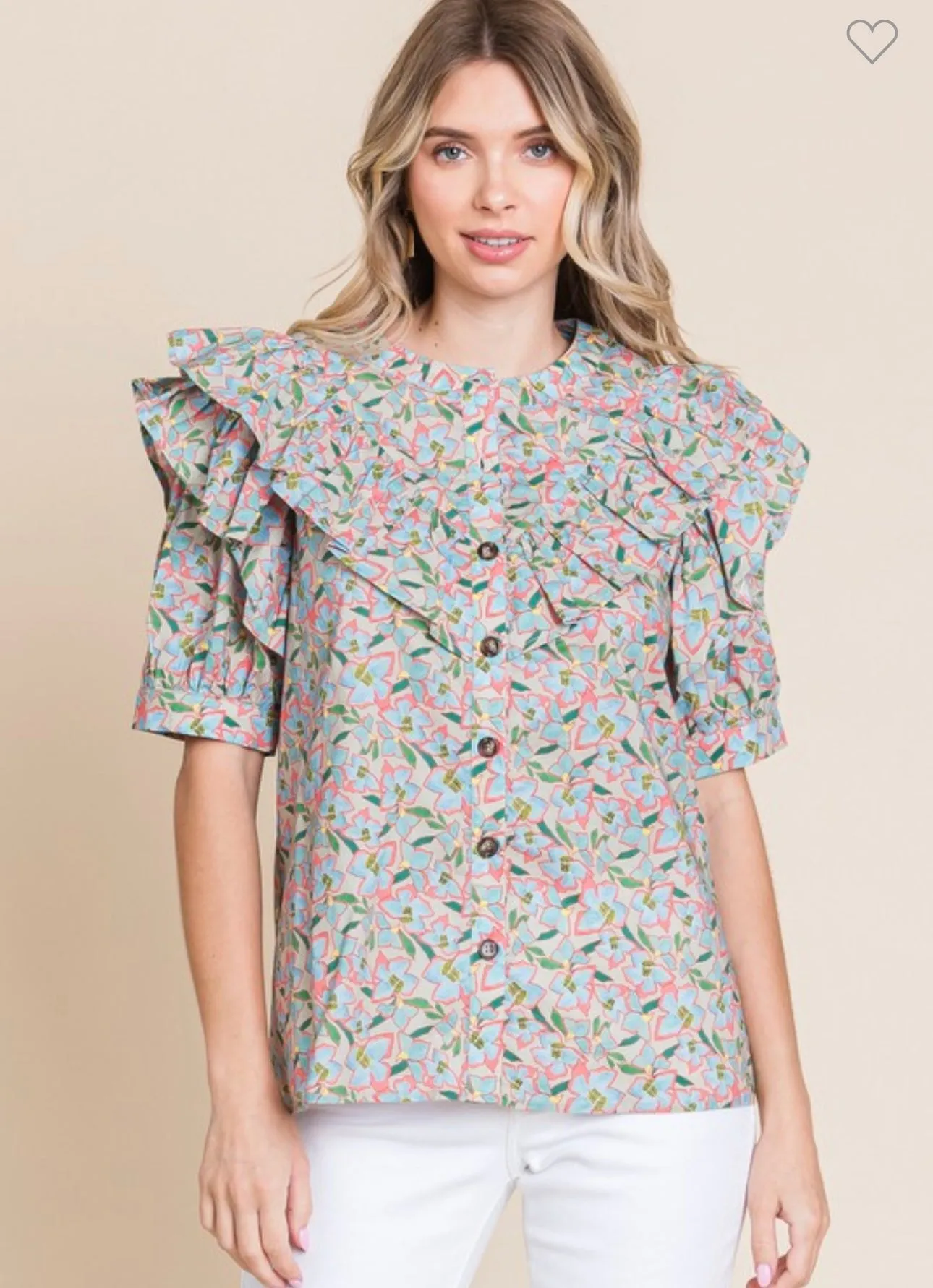 Khaki Floral Ruffle Blouse