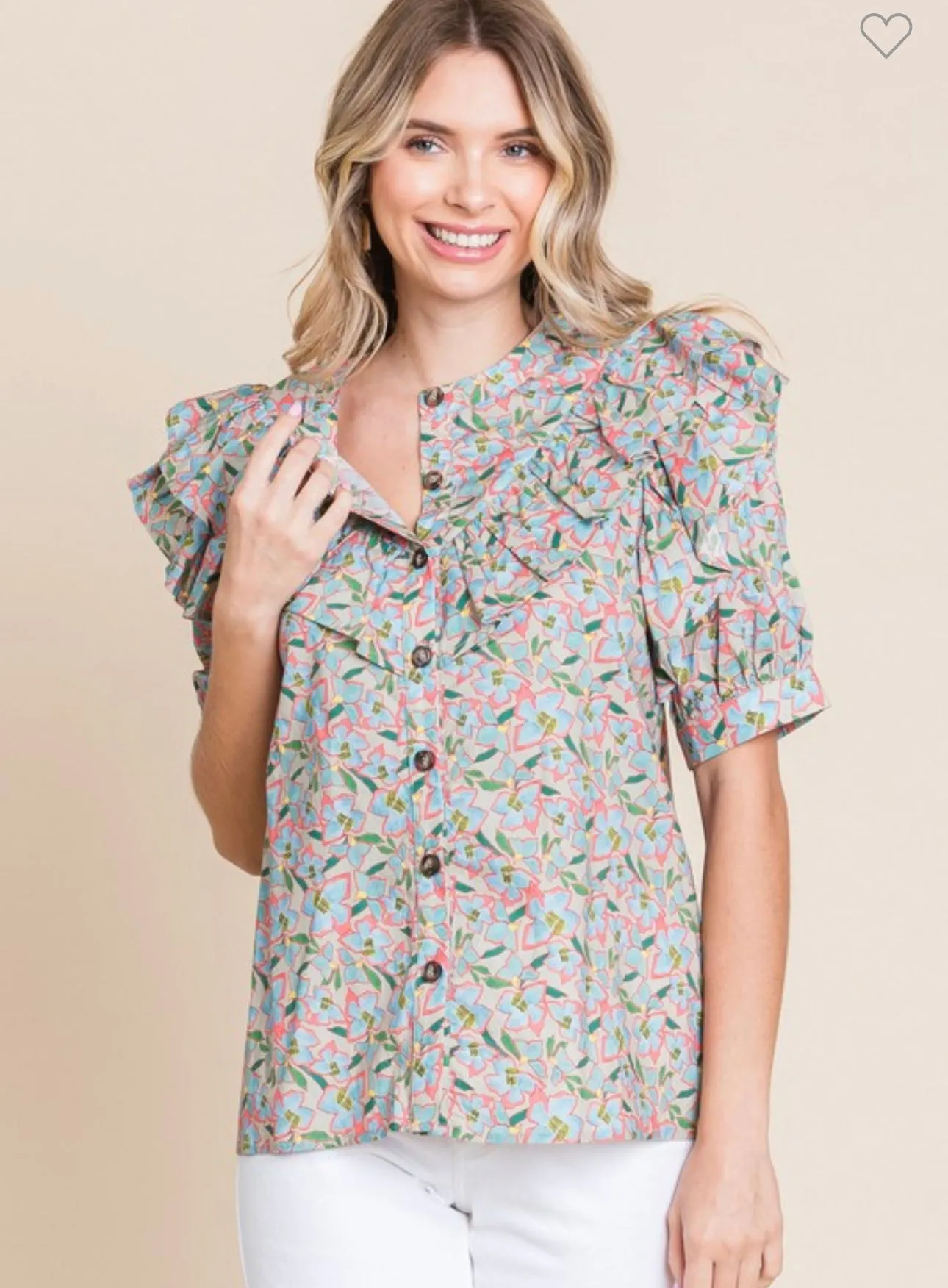 Khaki Floral Ruffle Blouse