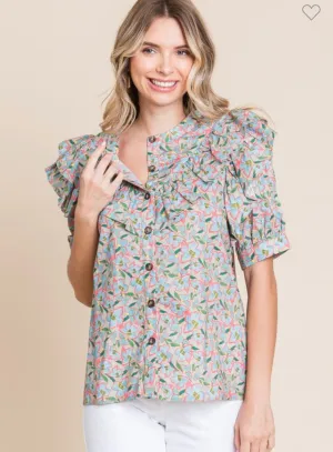 Khaki Floral Ruffle Blouse