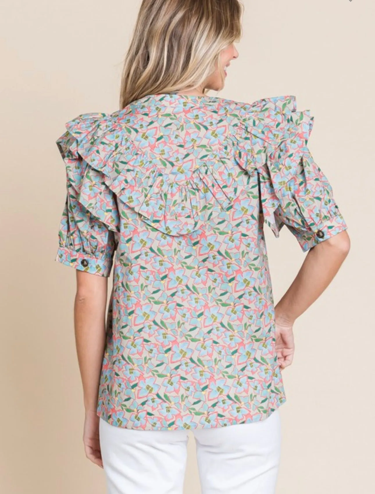 Khaki Floral Ruffle Blouse