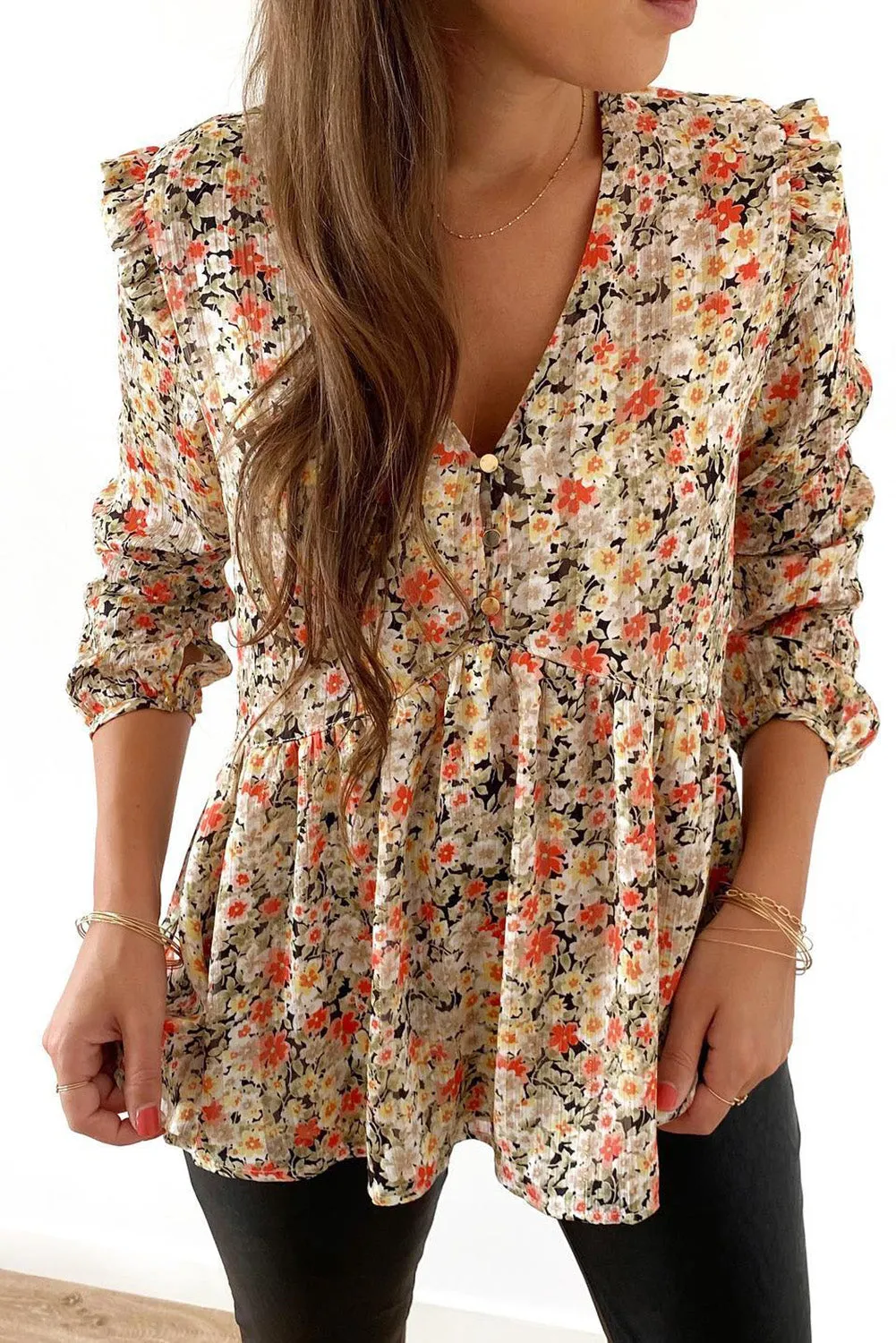 Khaki V Neck Ruffled Babydoll Floral Blouse