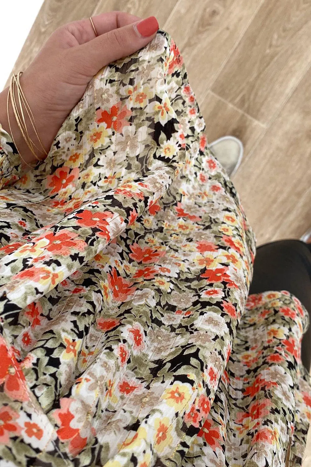 Khaki V Neck Ruffled Babydoll Floral Blouse
