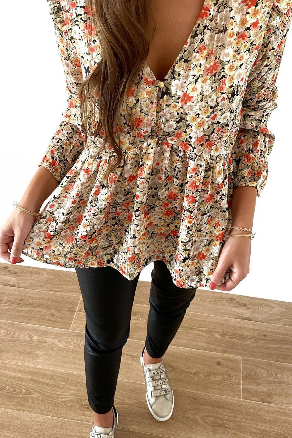 Khaki V Neck Ruffled Babydoll Floral Blouse