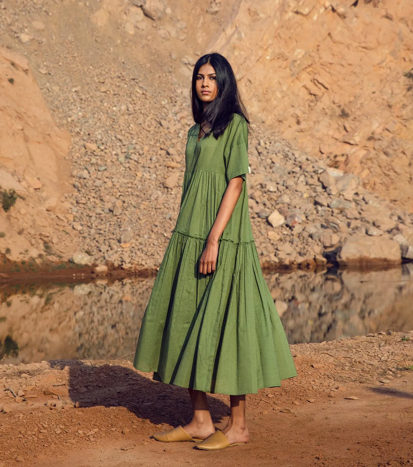 Khara Kapas   I   KharaKapas I V Neck Sap Green Half Sleeve Tiered Dress  I  32 Days Of Summer