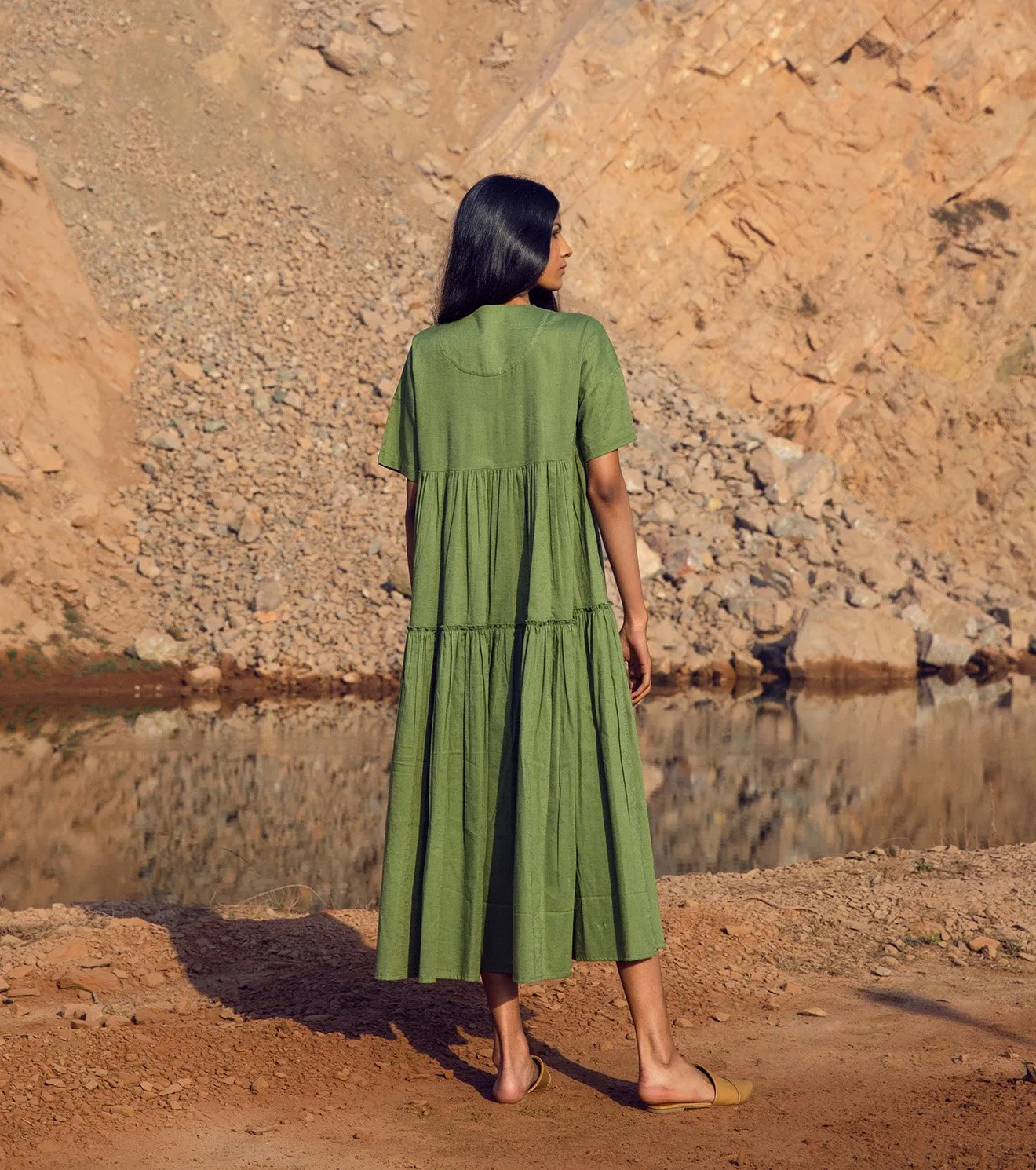 Khara Kapas   I   KharaKapas I V Neck Sap Green Half Sleeve Tiered Dress  I  32 Days Of Summer