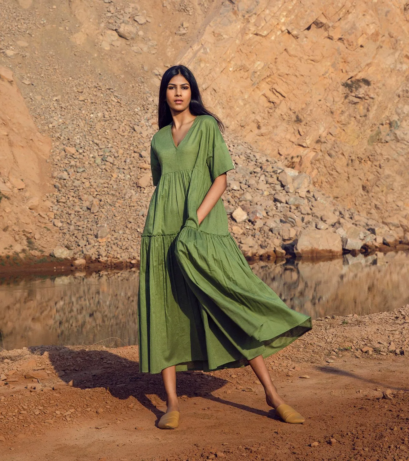 Khara Kapas   I   KharaKapas I V Neck Sap Green Half Sleeve Tiered Dress  I  32 Days Of Summer