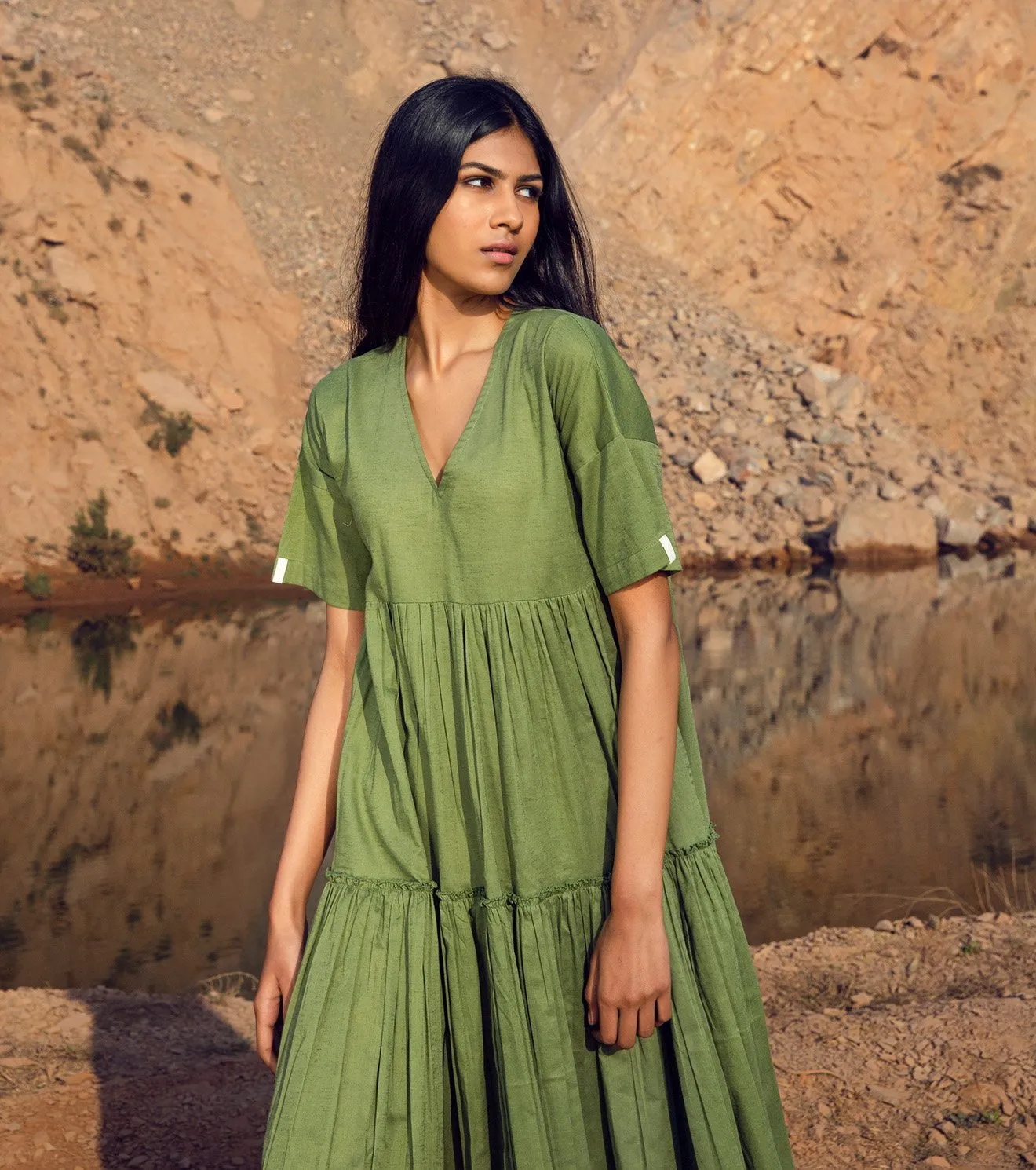 Khara Kapas   I   KharaKapas I V Neck Sap Green Half Sleeve Tiered Dress  I  32 Days Of Summer