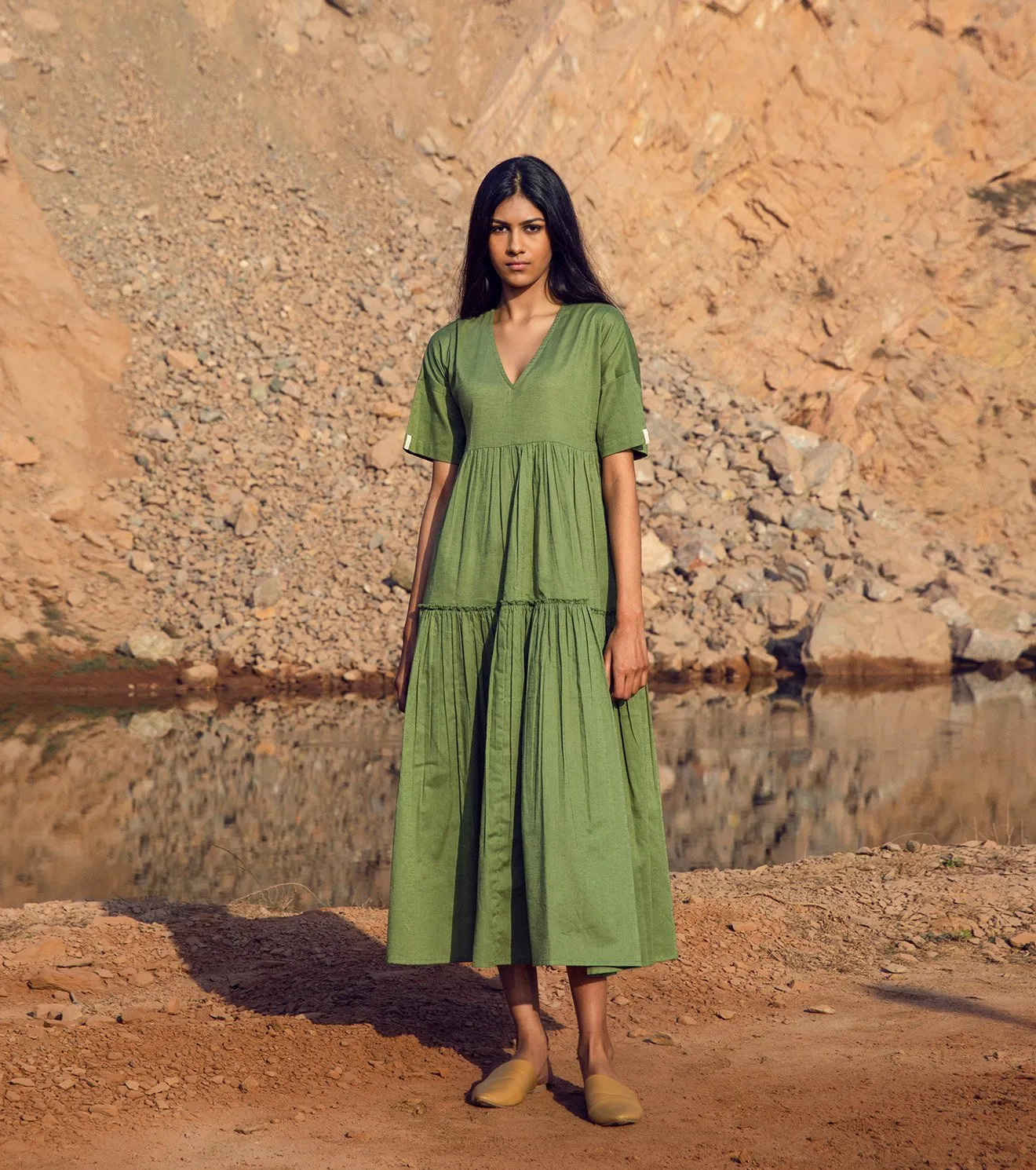 Khara Kapas   I   KharaKapas I V Neck Sap Green Half Sleeve Tiered Dress  I  32 Days Of Summer