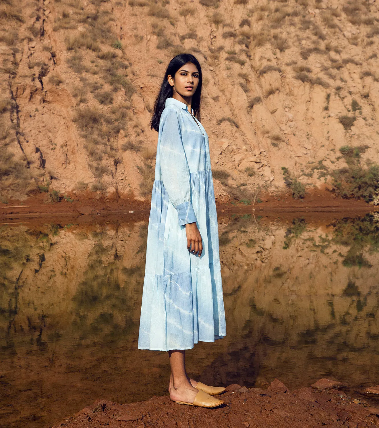 KharaKapas I Midi Sundress With A Collared V-Neck, Delicately Gathered Tiers And Cuffed Sleeves In Leheria Blue I  32 Days Of Summer