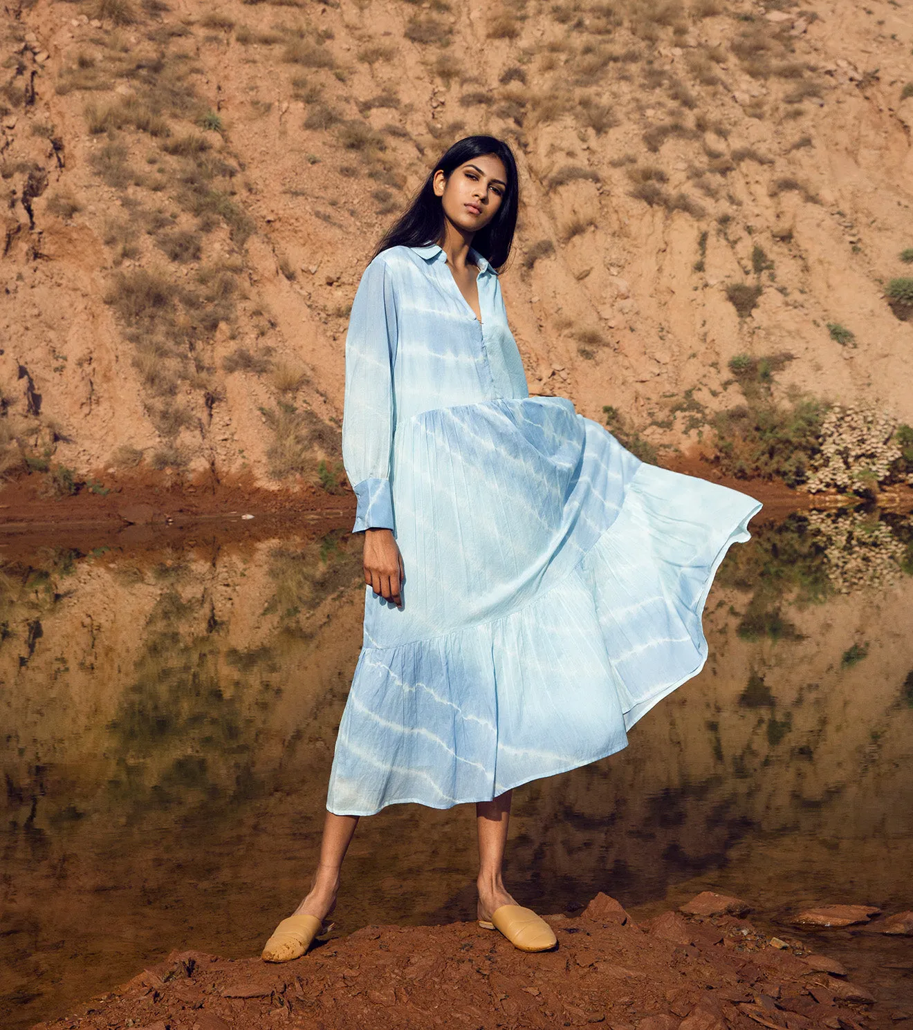 KharaKapas I Midi Sundress With A Collared V-Neck, Delicately Gathered Tiers And Cuffed Sleeves In Leheria Blue I  32 Days Of Summer