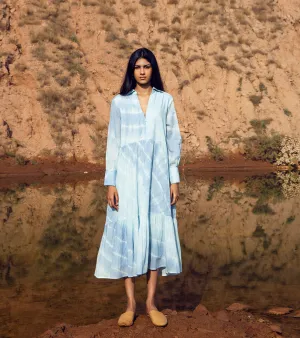 KharaKapas I Midi Sundress With A Collared V-Neck, Delicately Gathered Tiers And Cuffed Sleeves In Leheria Blue I  32 Days Of Summer