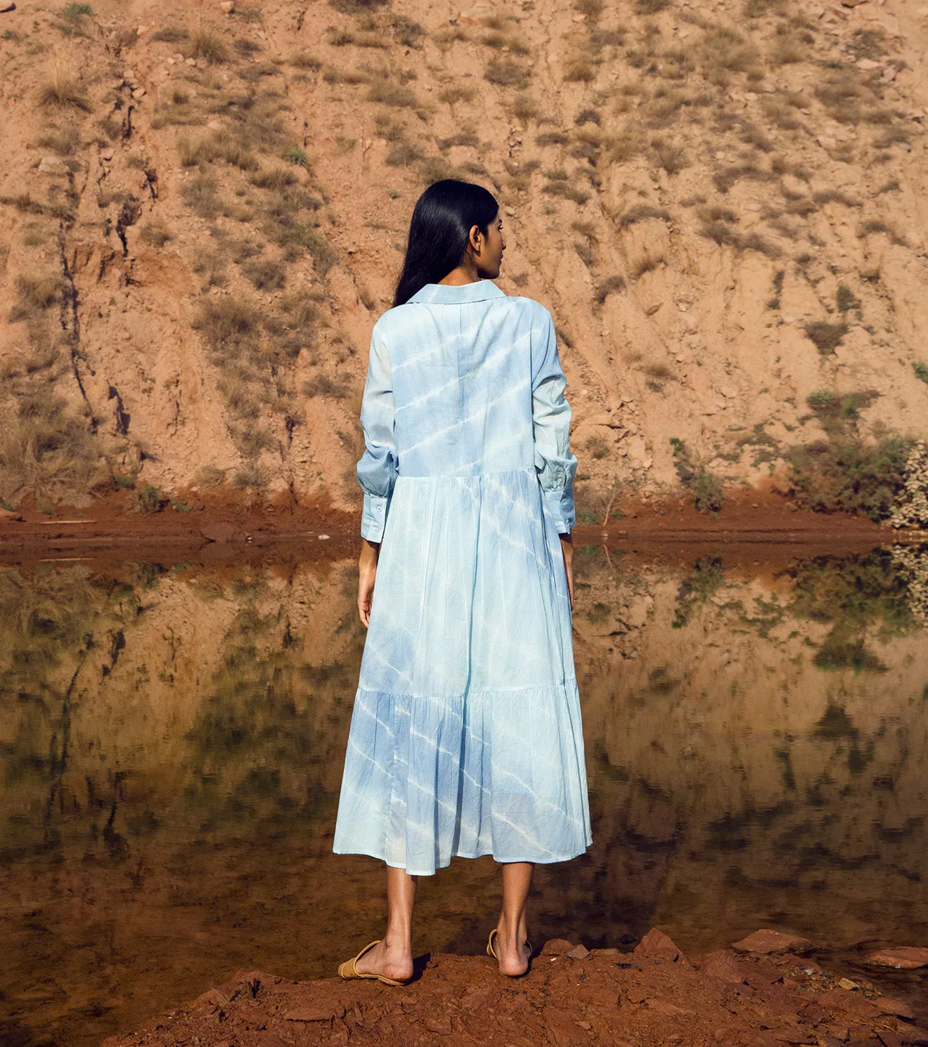 KharaKapas I Midi Sundress With A Collared V-Neck, Delicately Gathered Tiers And Cuffed Sleeves In Leheria Blue I  32 Days Of Summer