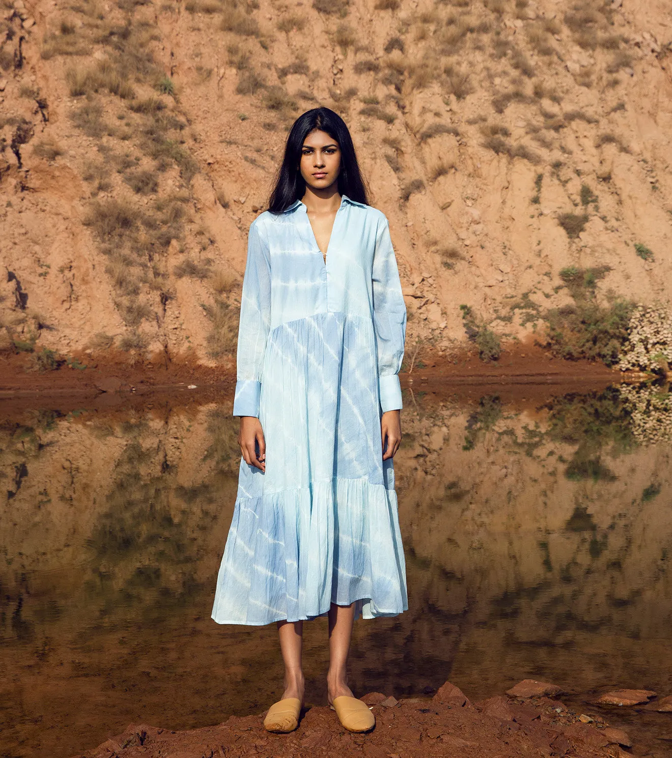 KharaKapas I Midi Sundress With A Collared V-Neck, Delicately Gathered Tiers And Cuffed Sleeves In Leheria Blue I  32 Days Of Summer