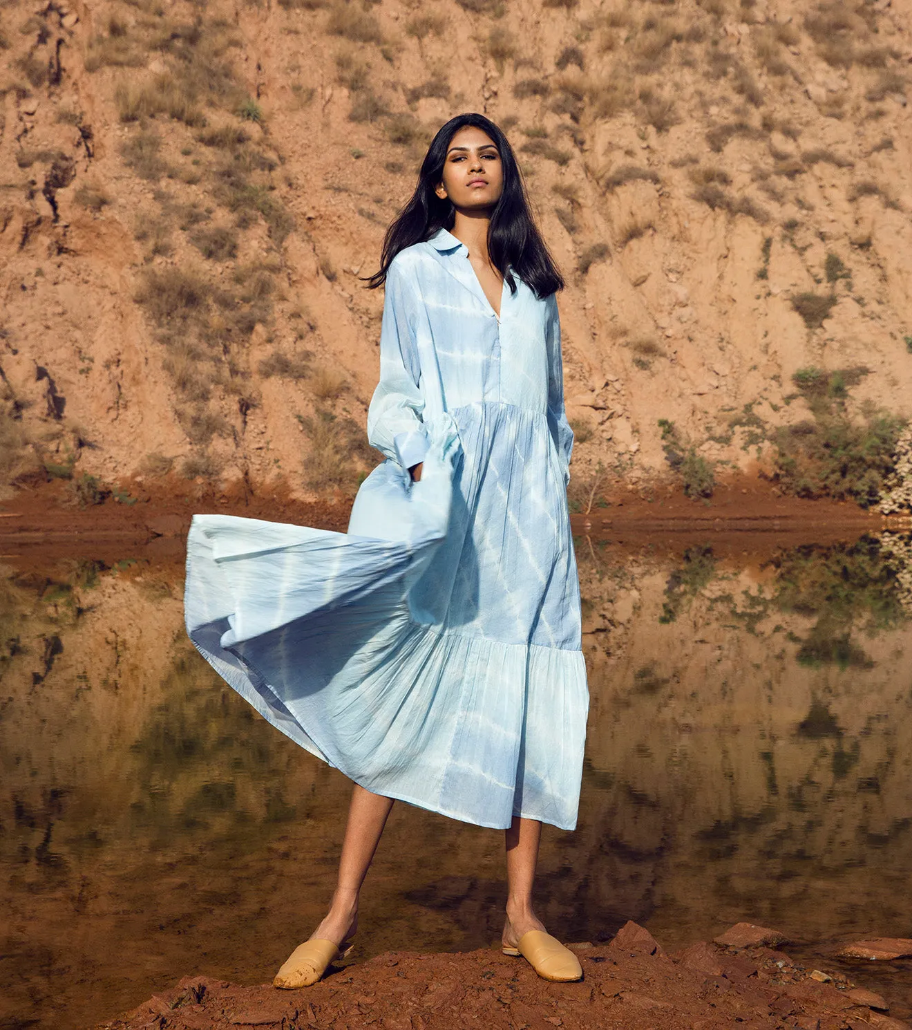 KharaKapas I Midi Sundress With A Collared V-Neck, Delicately Gathered Tiers And Cuffed Sleeves In Leheria Blue I  32 Days Of Summer