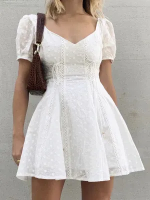 Lace Embroidery Mini Dress with Puff Sleeves and Square Neck