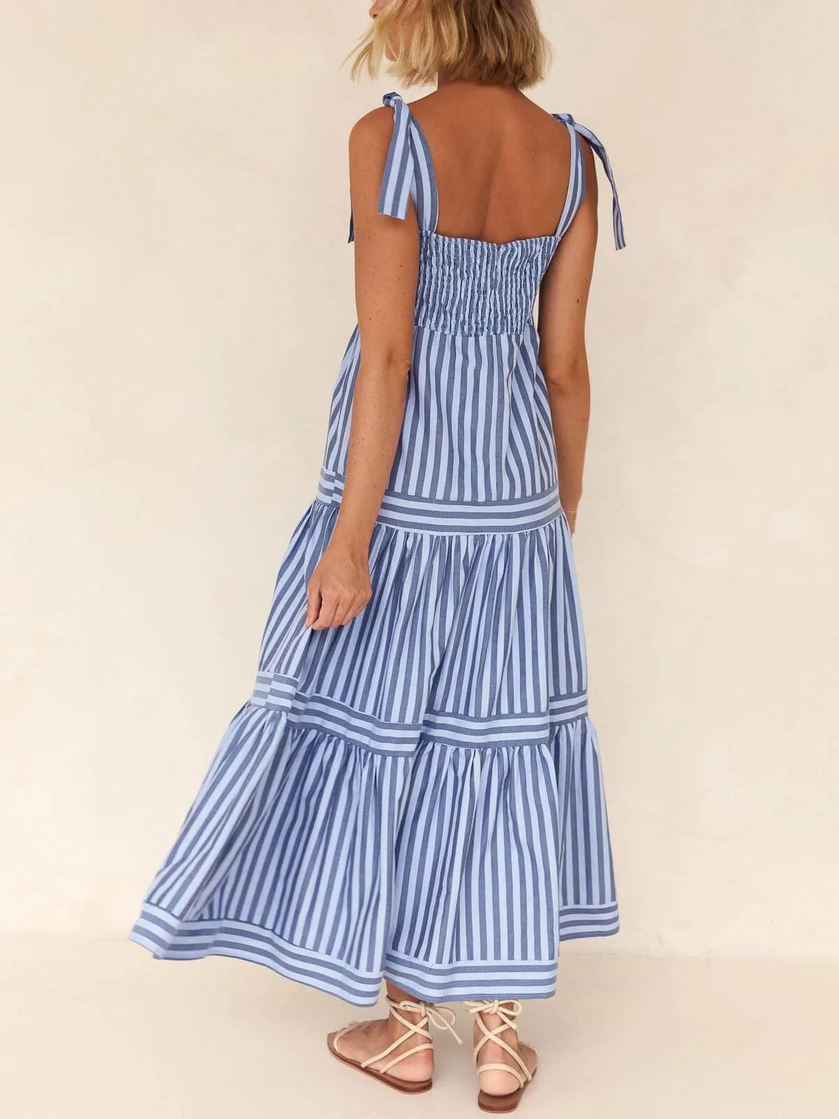 Lace-Up Striped Stylish Square-Neck Midi Dress