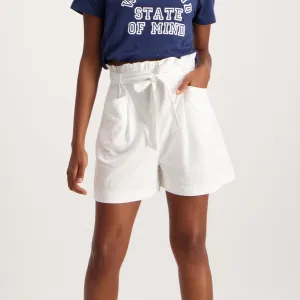Ladies Linen Blend Paperbag Short - White