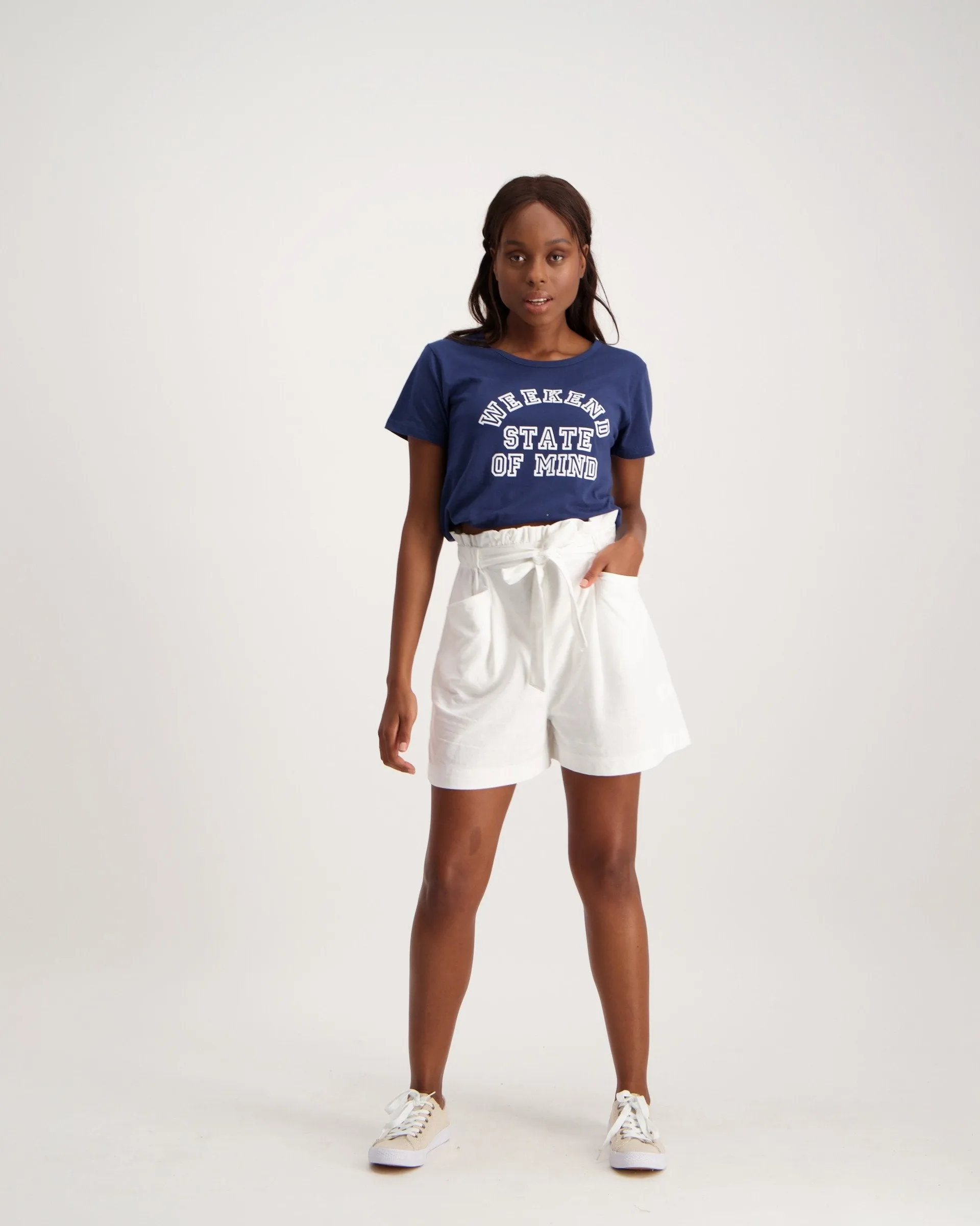 Ladies Linen Blend Paperbag Short - White
