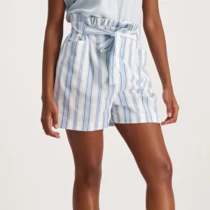 Ladies Linen Blend Paperbag Short - White/Blue