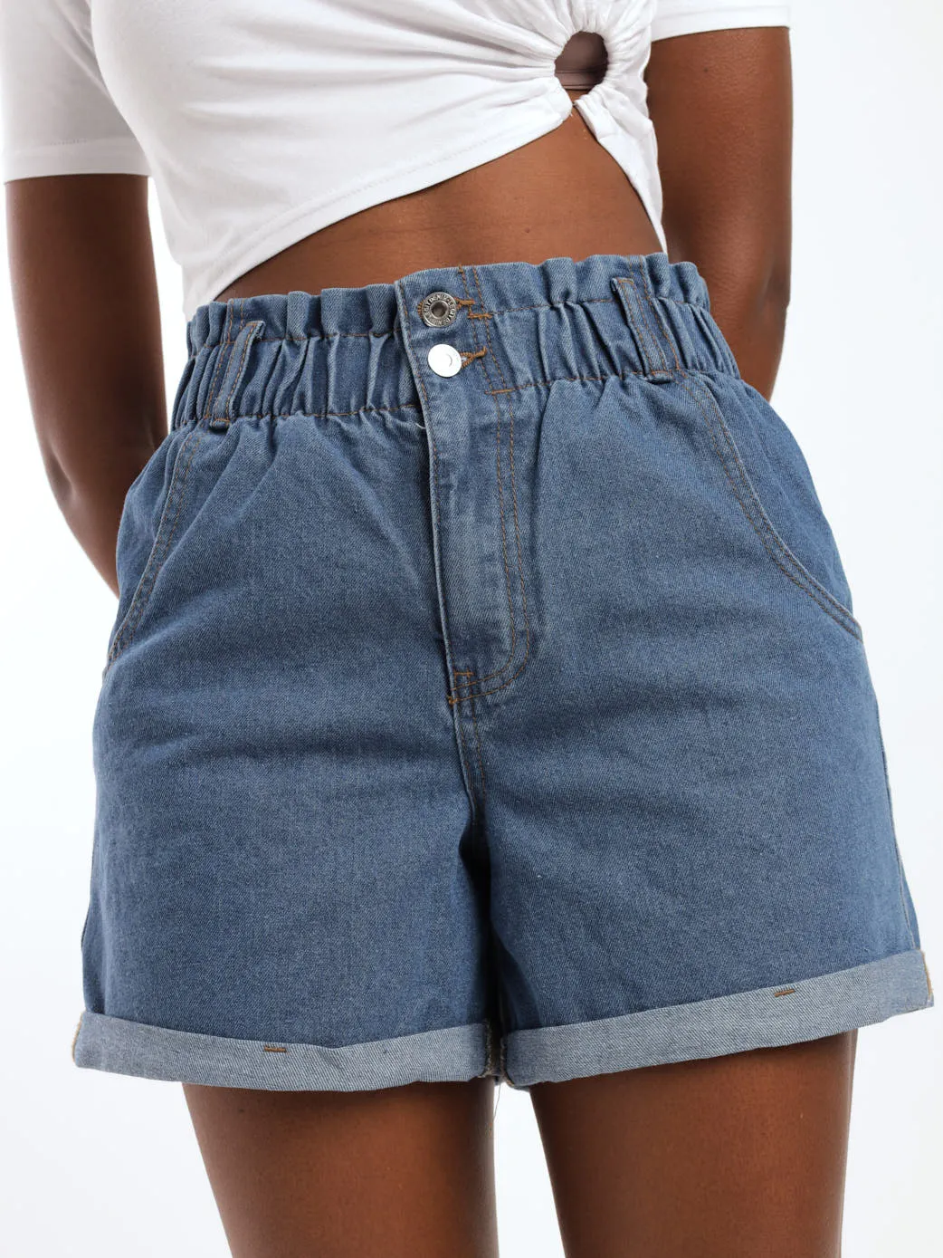 Ladies Paperbag Denim Short - Stonewash