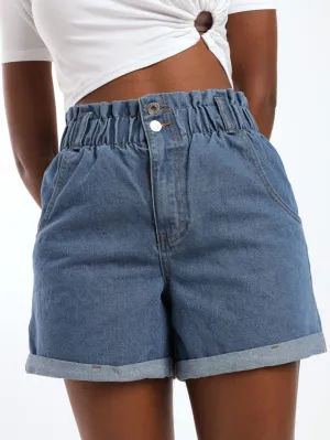 Ladies Paperbag Denim Short - Stonewash