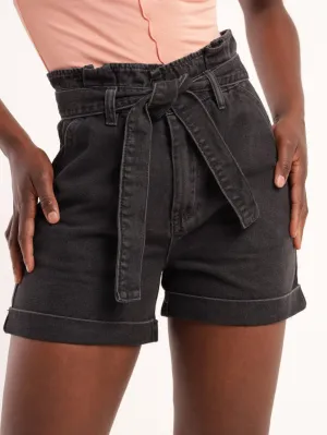 Ladies Paperbag Self Belt Denim Short - Black
