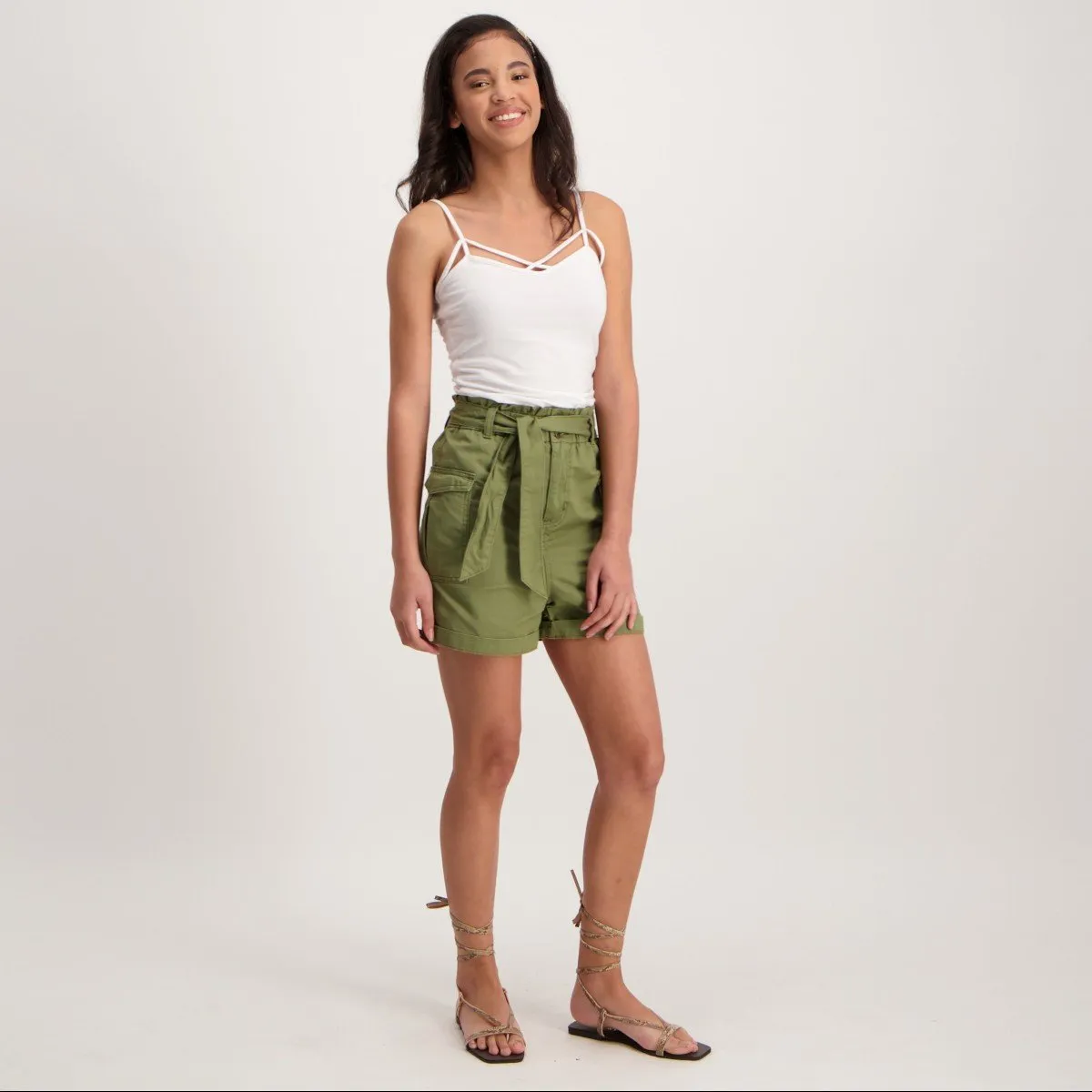 Ladies Rigid Twill Papebag Patch Pocket Short-Khaki