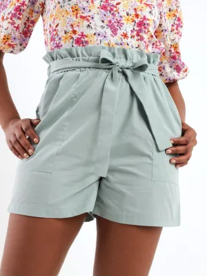 Ladies Self Belt Paperbag Short - Blue